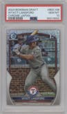 Wyatt Langford from the 2023 Bowman Draft set featuring a Japan Refractor parallel graded by PSA and given an overall grade of 10.
