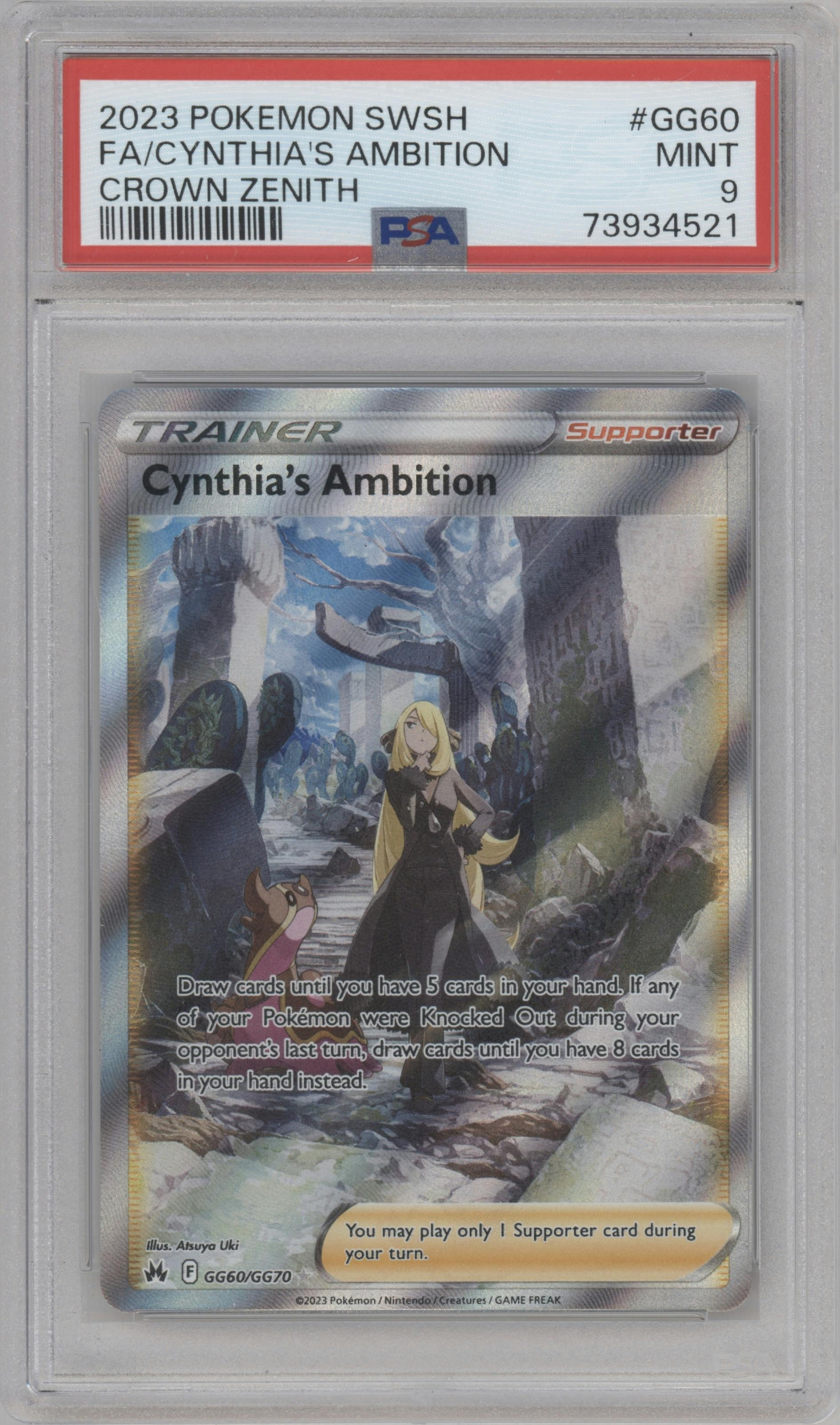 Cynthia's Ambition from the 2023 Pokemon SWSH set graded by PSA and given an overall grade of 9.
