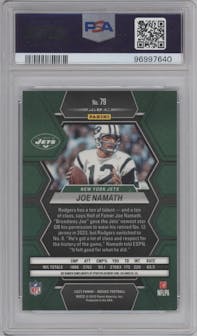 Joe Namath from the 2023 Panini Mosaic set featuring a Choice Peacock parallel graded by PSA and given an overall grade of 10.