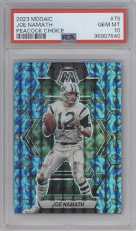 Joe Namath from the 2023 Panini Mosaic set featuring a Choice Peacock parallel graded by PSA and given an overall grade of 10.