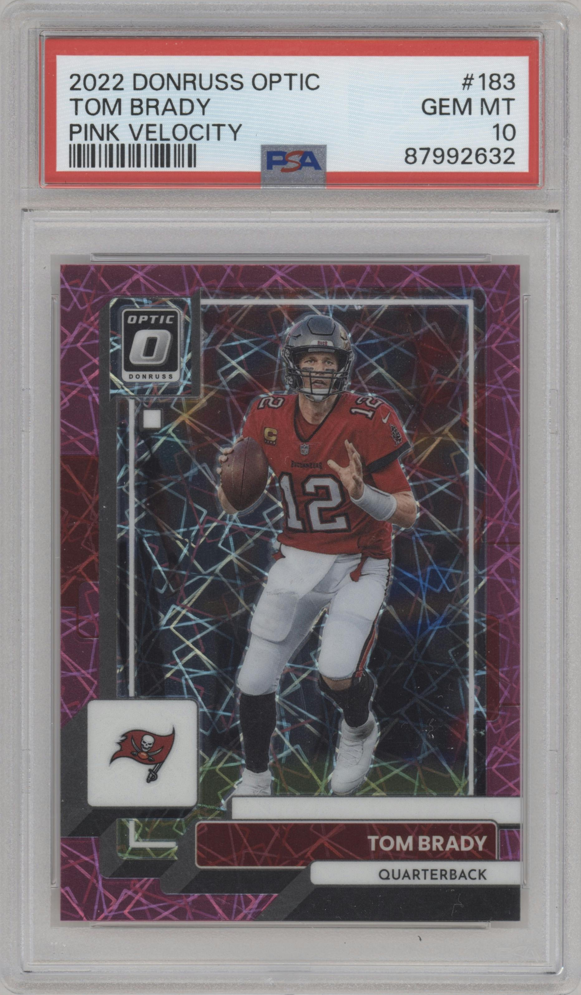 Tom Brady from the 2022 Panini Donruss Optic set featuring a  Pink Velocity parallel graded by PSA and given an overall grade of 10.