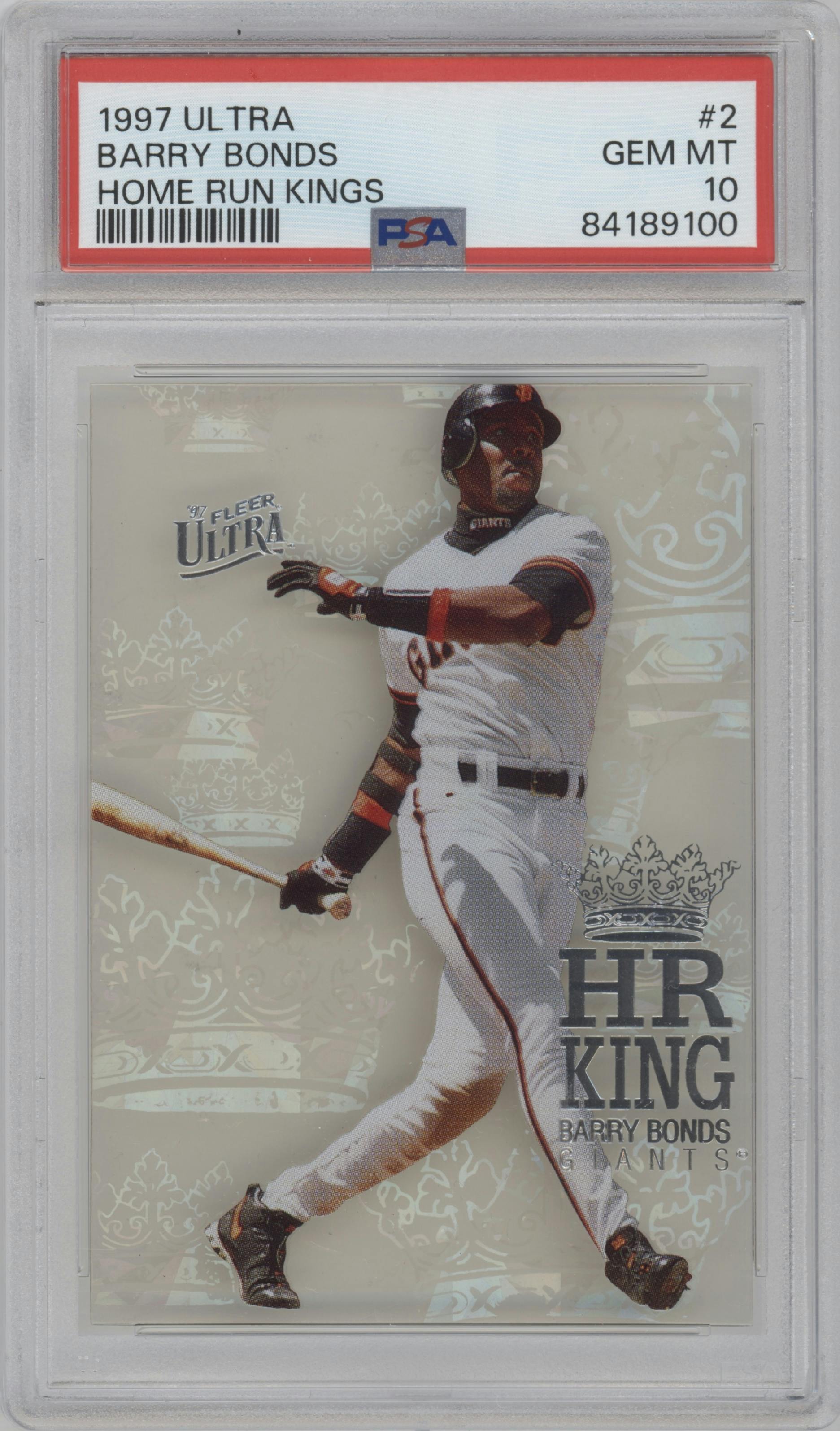 Barry Bonds from the 1997 Fleer Ultra set graded by PSA and given an overall grade of 10.