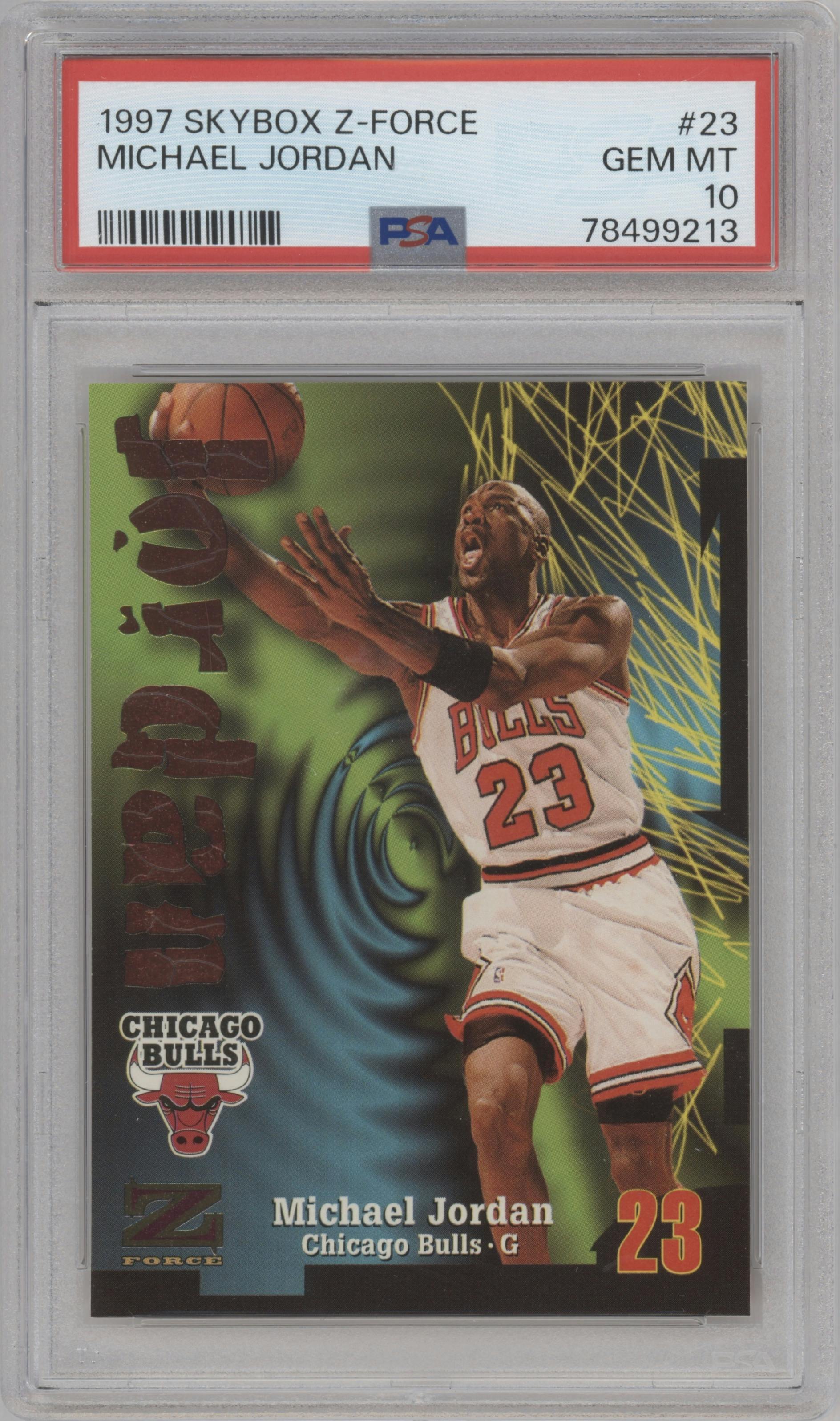 Michael Jordan from the 1997-98 Skybox Z-Force set graded by PSA and given an overall grade of 10.