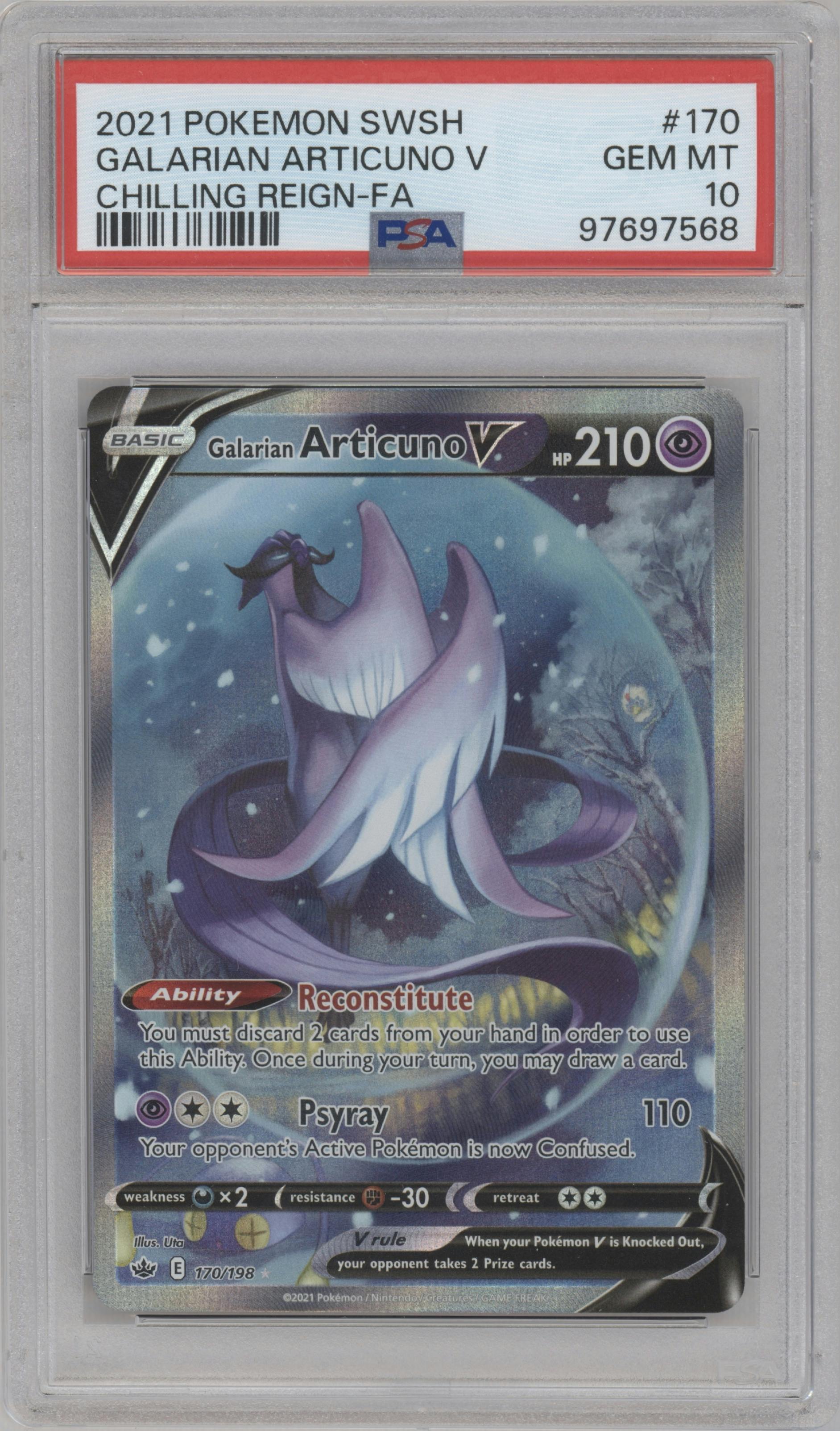 Galarian Articuno V from the 2021 Pokemon SWSH set graded by PSA and given an overall grade of 10.