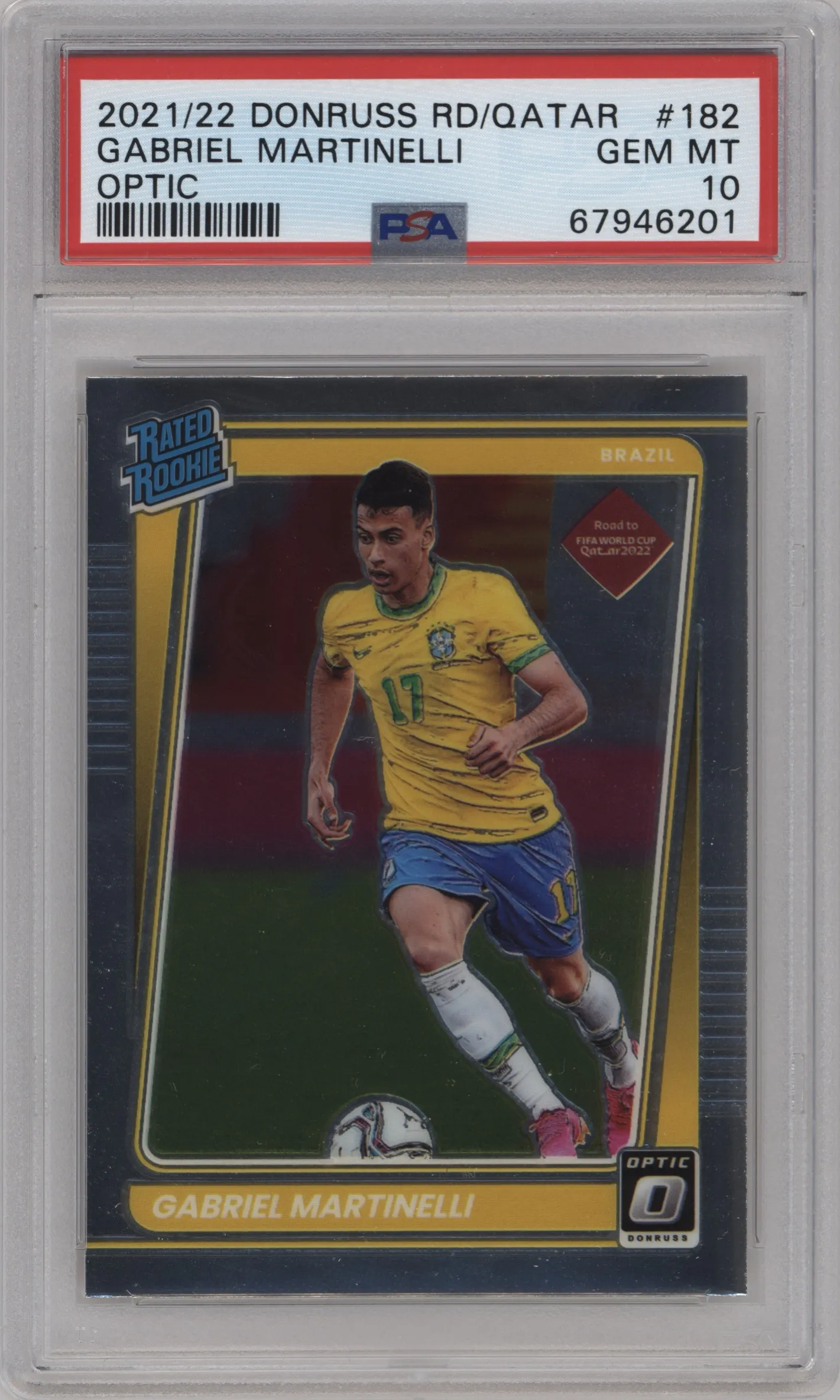 2021 Panini Donruss Road to Qatar Optic Rtd.Rke. Gabriel Martinelli PSA 10