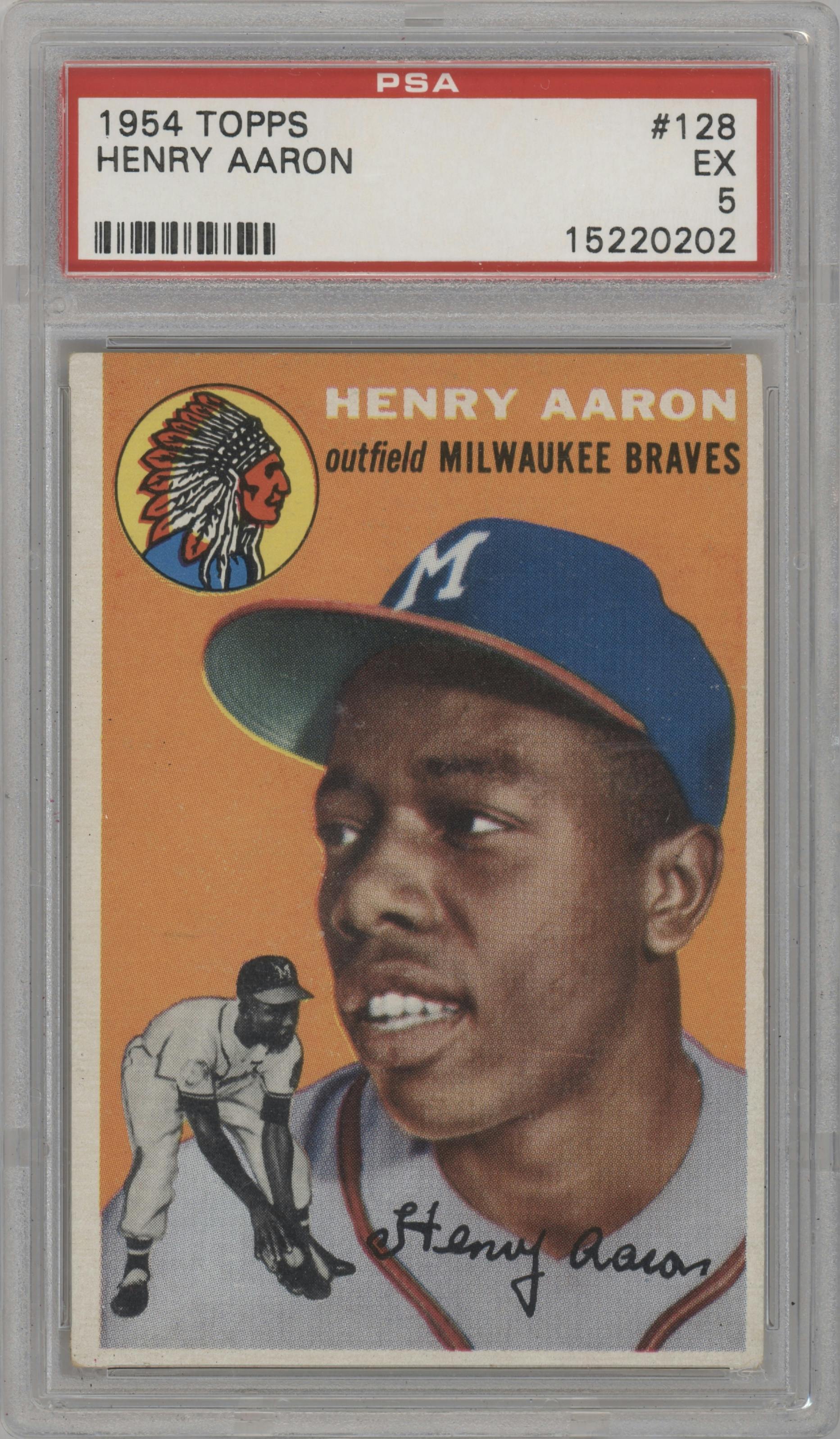 Henry Aaron from the 1954 Topps set graded by PSA and given an overall grade of 5.