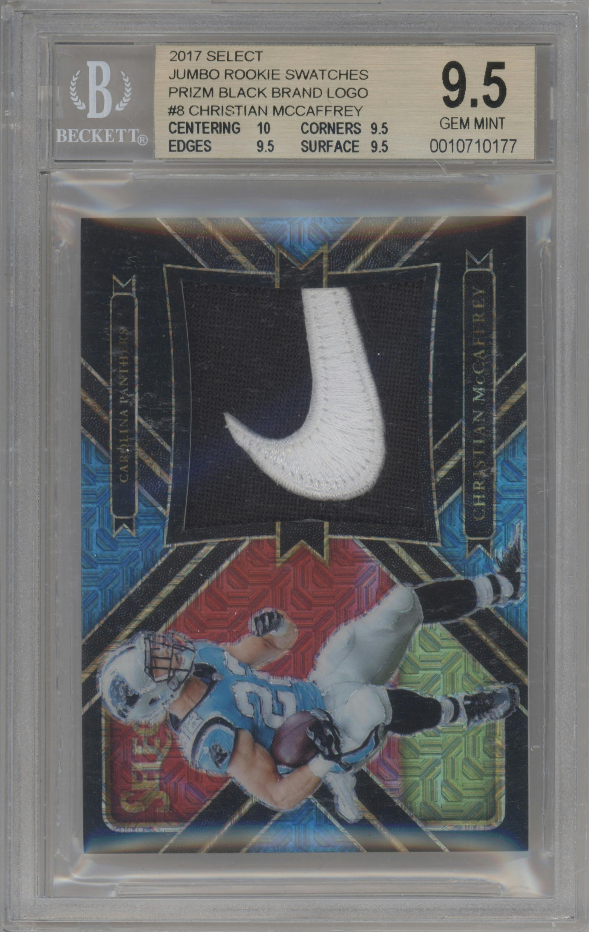 Christian McCaffrey from the 2017 Panini Select set featuring a Prizm Black Brand Logo parallel graded by Beckett and given an overall grade of 9.5.