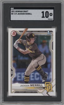 Jackson Merrill from the 2021 Bowman Draft set graded by SGC and given an overall grade of 10.