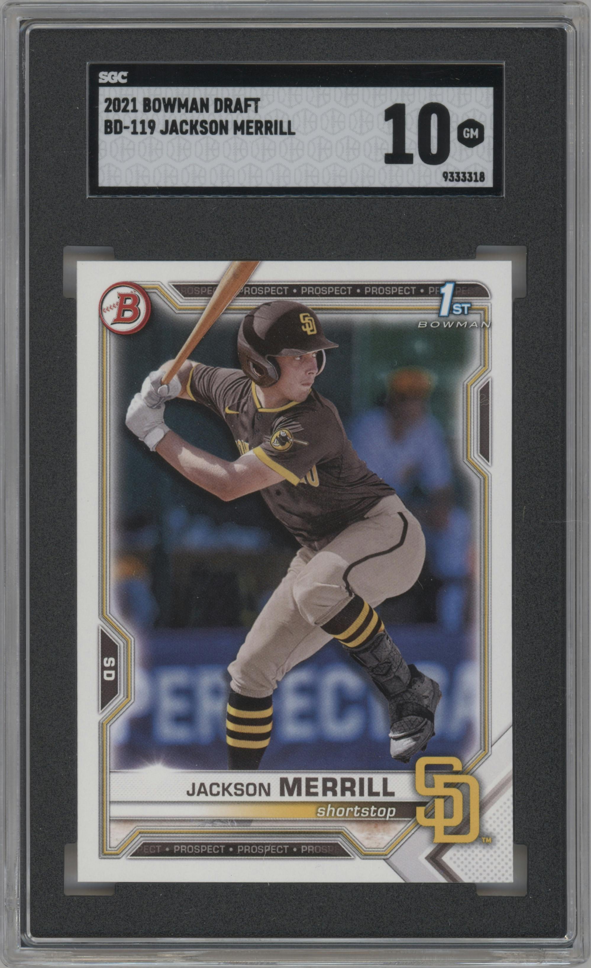 Jackson Merrill from the 2021 Bowman Draft set graded by SGC and given an overall grade of 10.