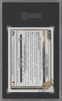 Jackson Merrill from the 2021 Bowman Draft set graded by SGC and given an overall grade of 10.