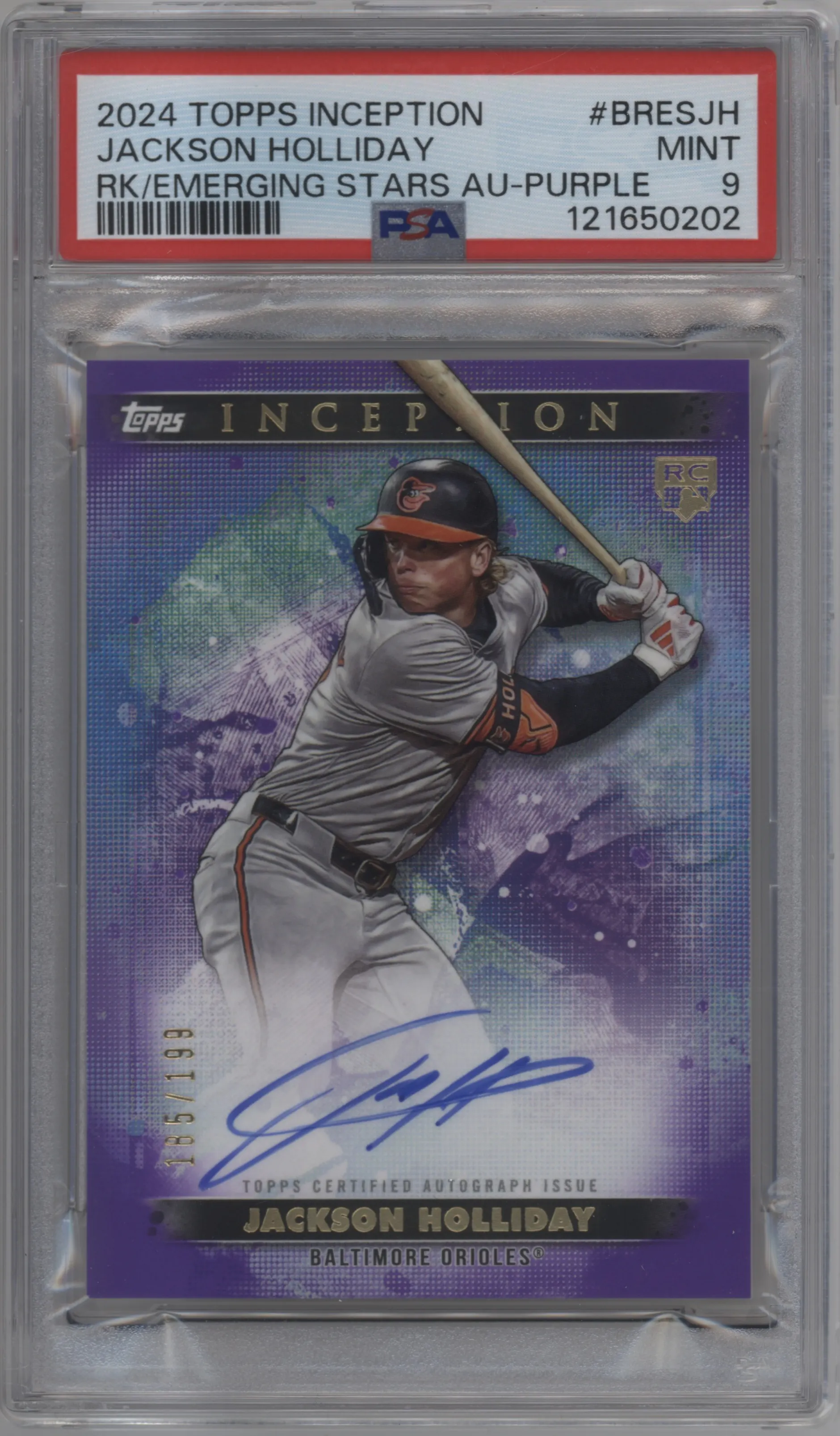 2024 Topps Inception Emerging Star Rke.Auto Jackson Holliday Purple #BRES-JH PSA 9