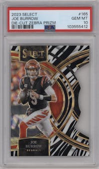 Joe Burrow from the 2023 Panini Select set featuring a Die-Cut Zebra parallel graded by PSA and given an overall grade of 10.