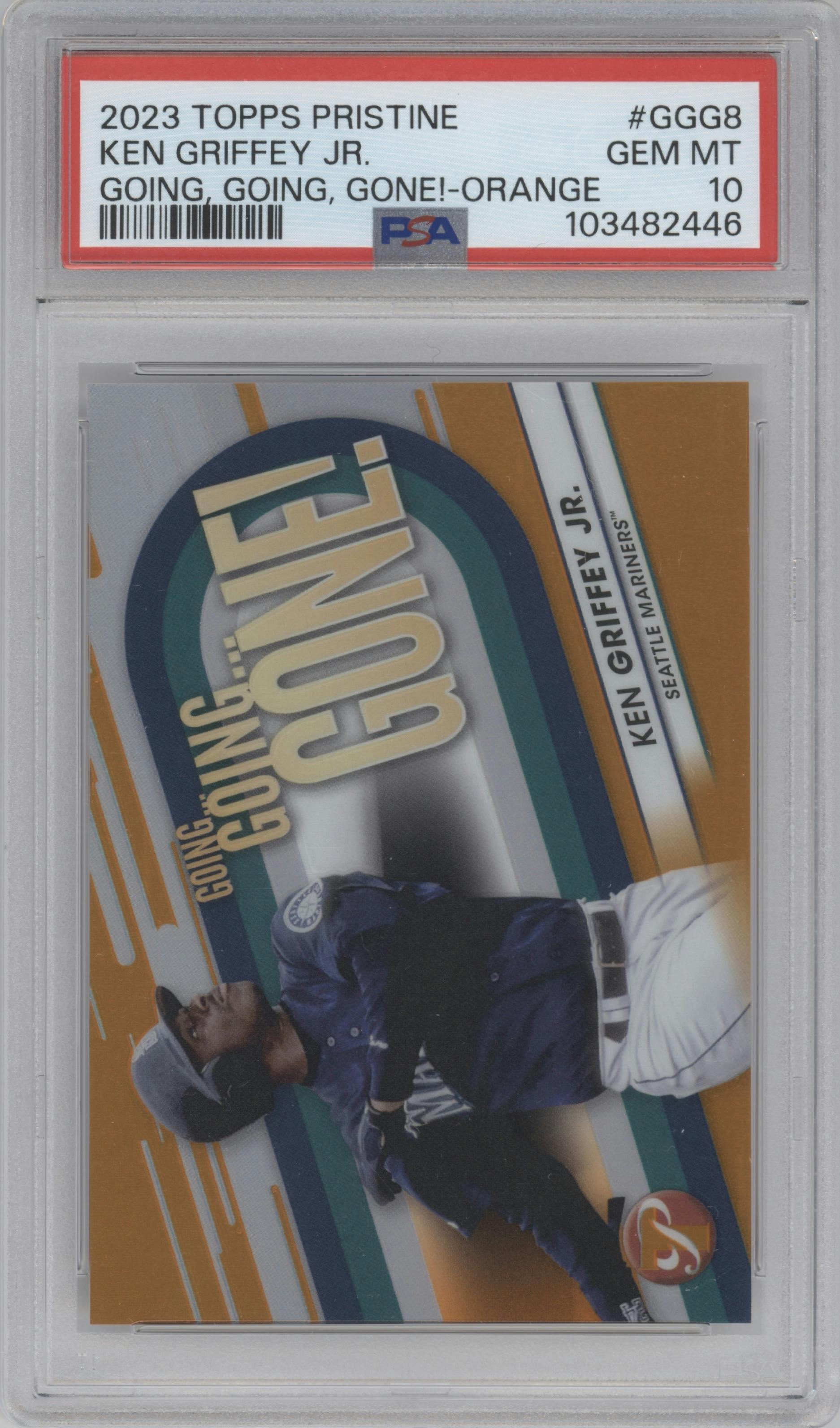 Ken Griffey Jr. from the 2023 Topps Pristine set featuring a Orange Refractor parallel graded by PSA and given an overall grade of 10.