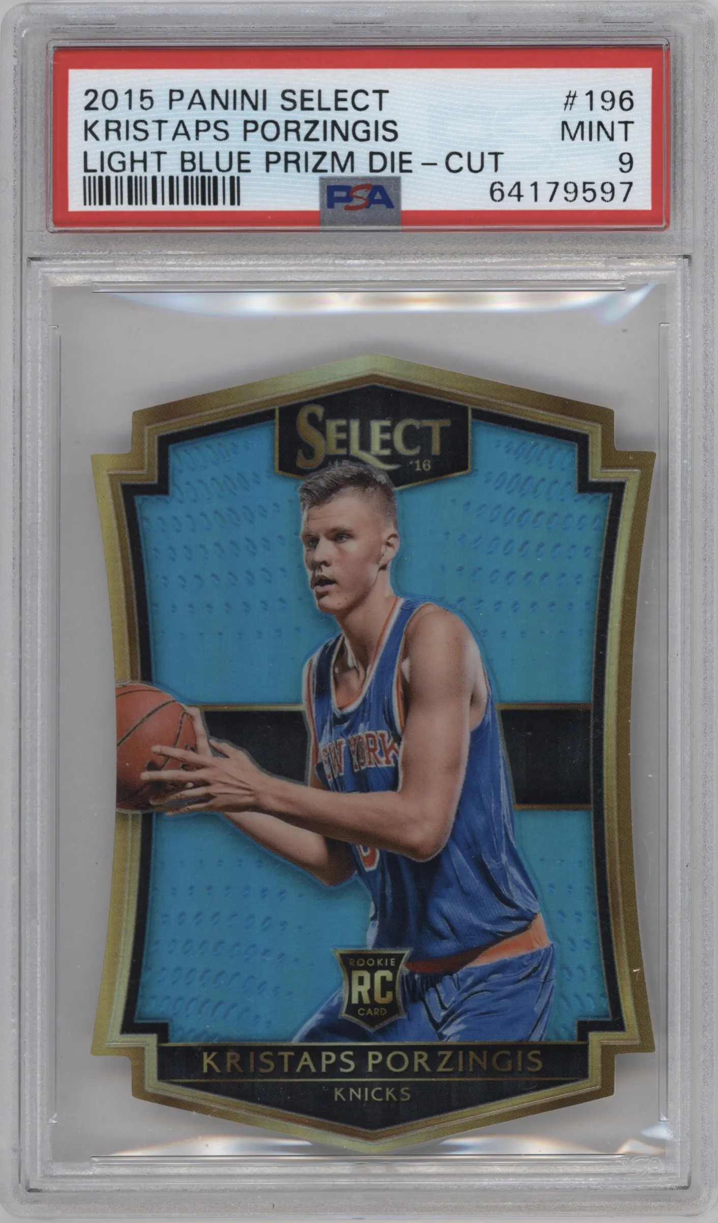 2015 Panini Select Pre.Lvl. Kristaps Porzingis Premier Light Blue Prizms Die-Cut PSA 9