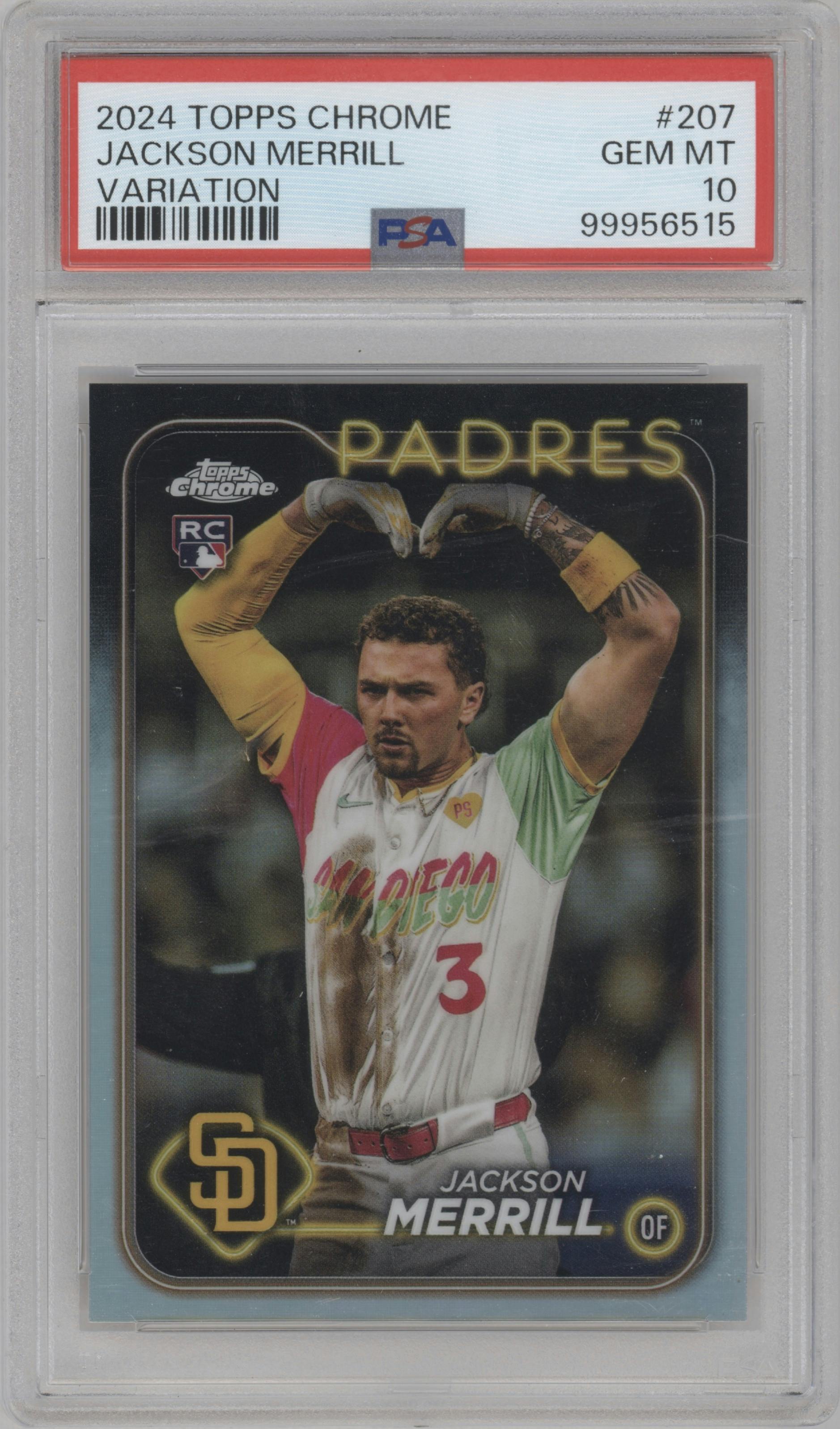 Jackson Merrill from the 2024 Topps Chrome set graded by PSA and given an overall grade of 10.