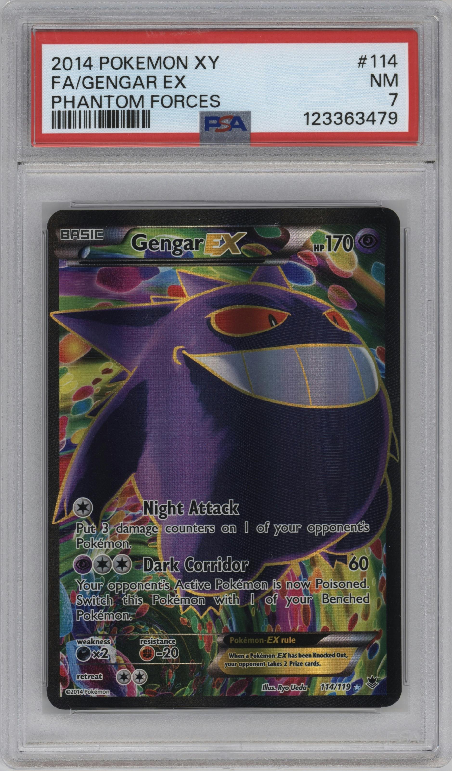 Gengar EX from the 2014 Pokemon XY set graded by PSA and given an overall grade of 7.