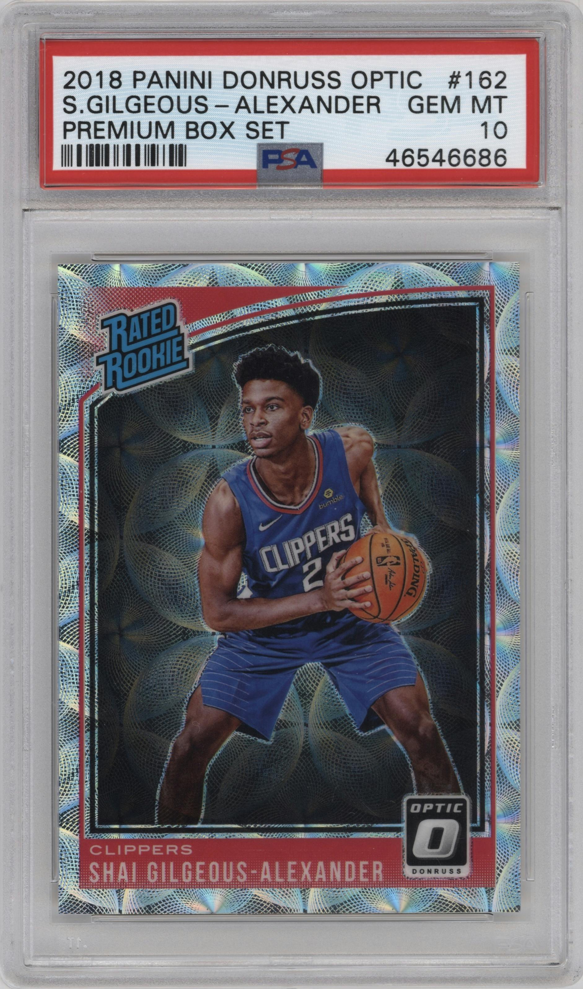 Shai Gilgeous-Alexander from the 2018-19 Panini Donruss Optic set featuring a Premium Box Set parallel graded by PSA and given an overall grade of 10.
