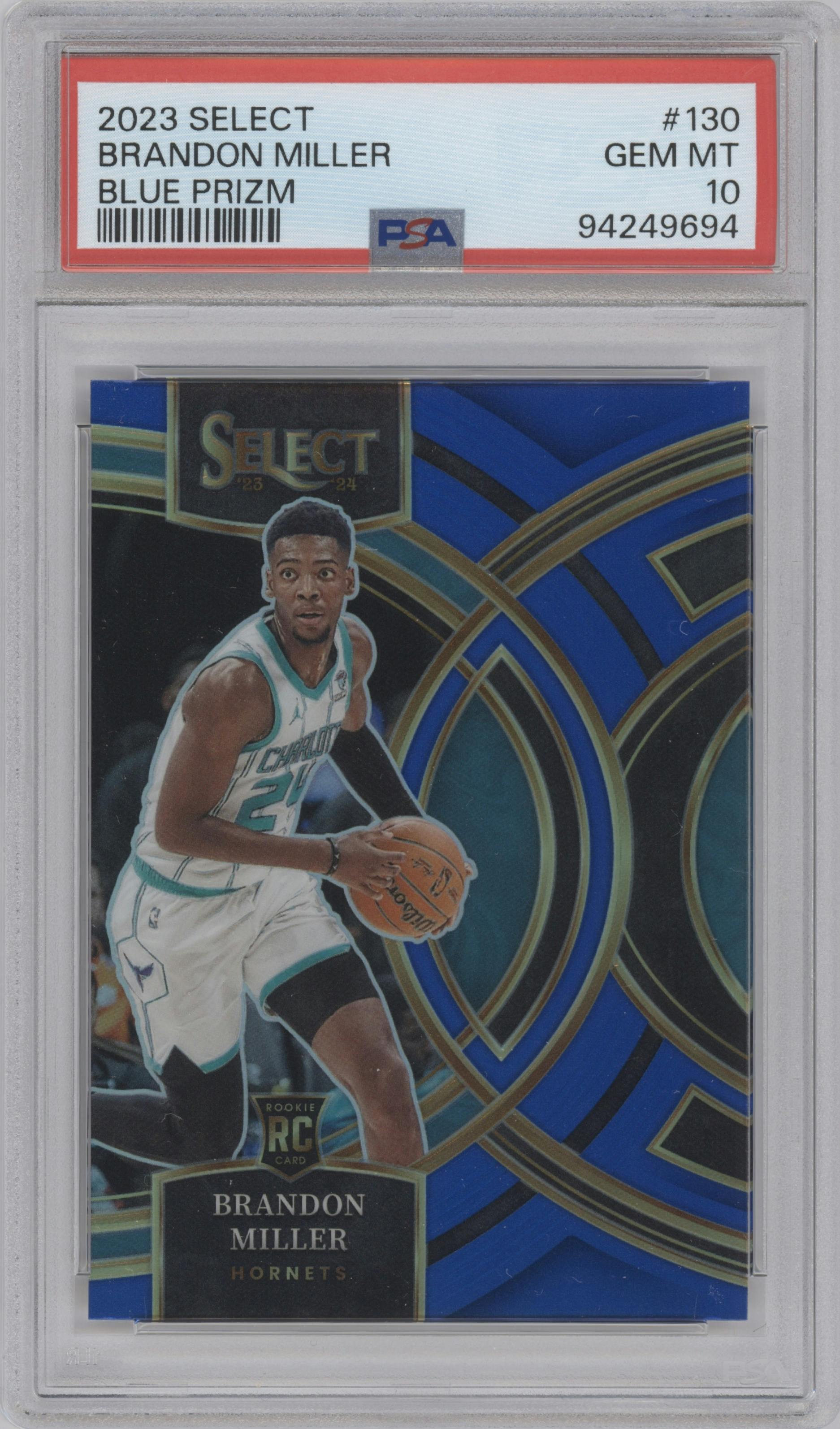 Brandon Miller from the 2023-24 Panini Select  set featuring a Blue Prizm parallel graded by PSA and given an overall grade of 10.