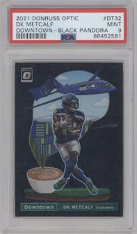 DK Metcalf from the 2021 Panini Donruss Optic set featuring a Black Pandora parallel graded by PSA and given an overall grade of 9.