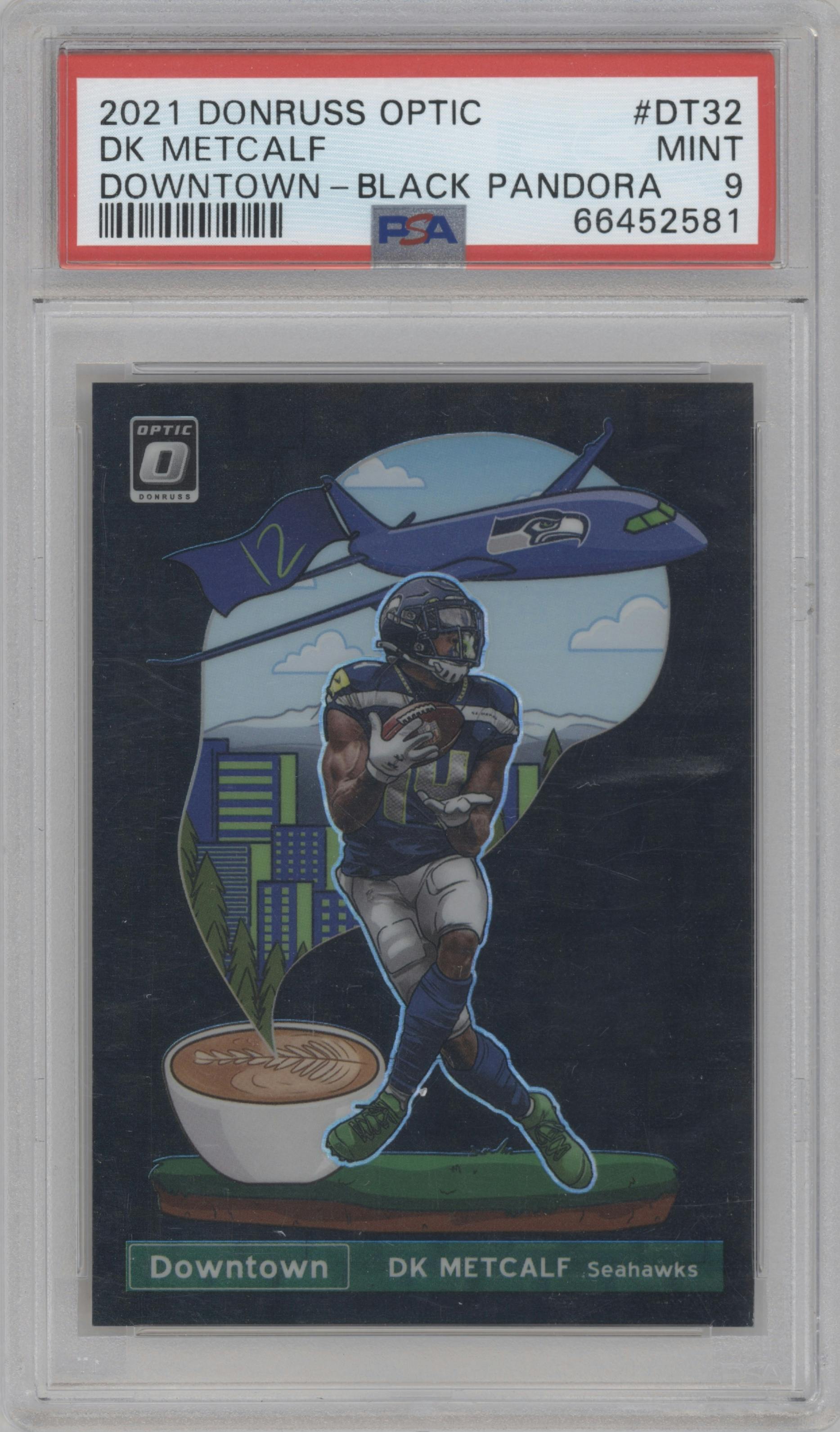 DK Metcalf from the 2021 Panini Donruss Optic set featuring a Black Pandora parallel graded by PSA and given an overall grade of 9.
