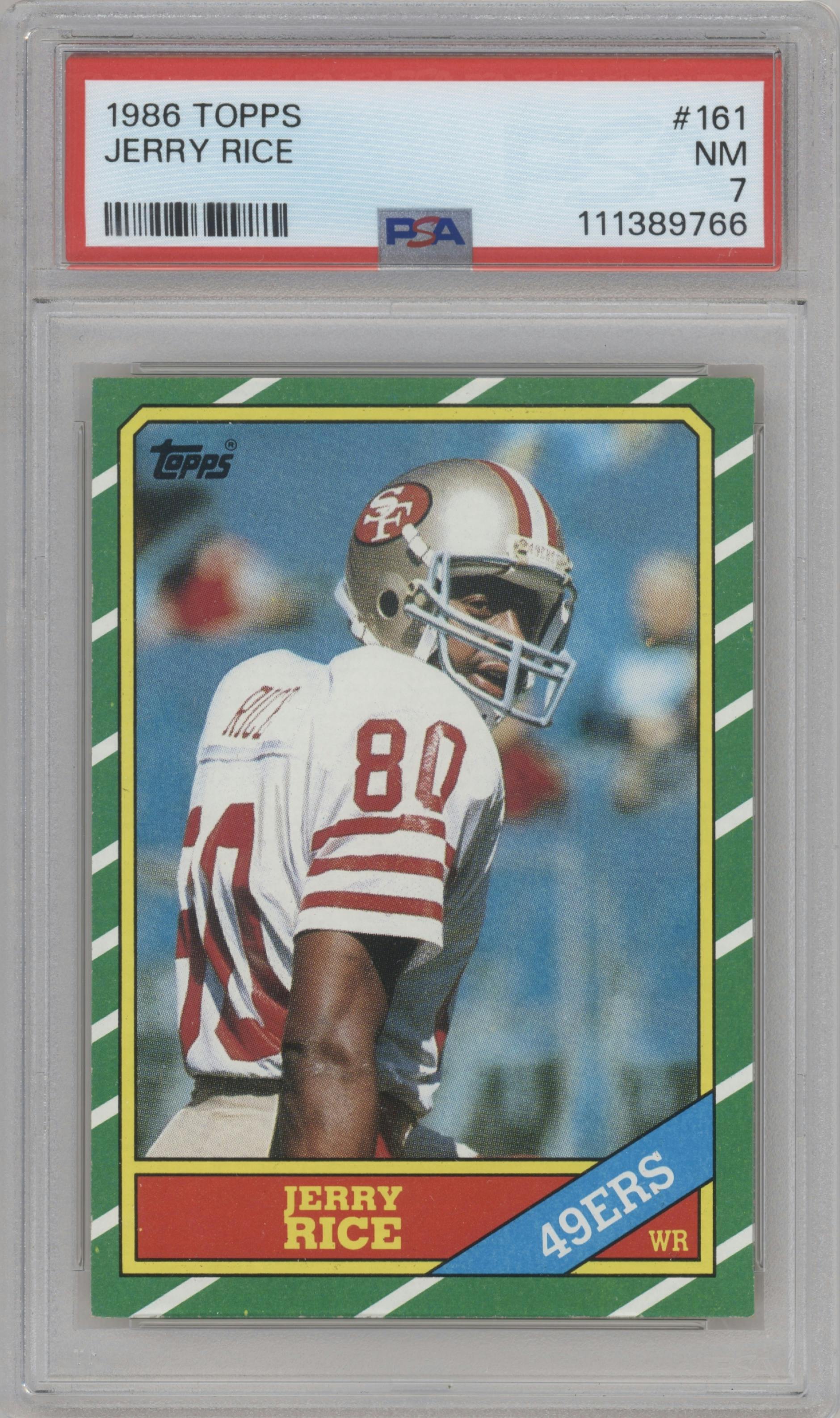 Jerry Rice from the 1986 Topps set graded by PSA and given an overall grade of 7.