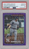 Jasson Dominguez from the 2024 Topps Update set featuring a Purple Holofoil parallel graded by PSA and given an overall grade of 10.