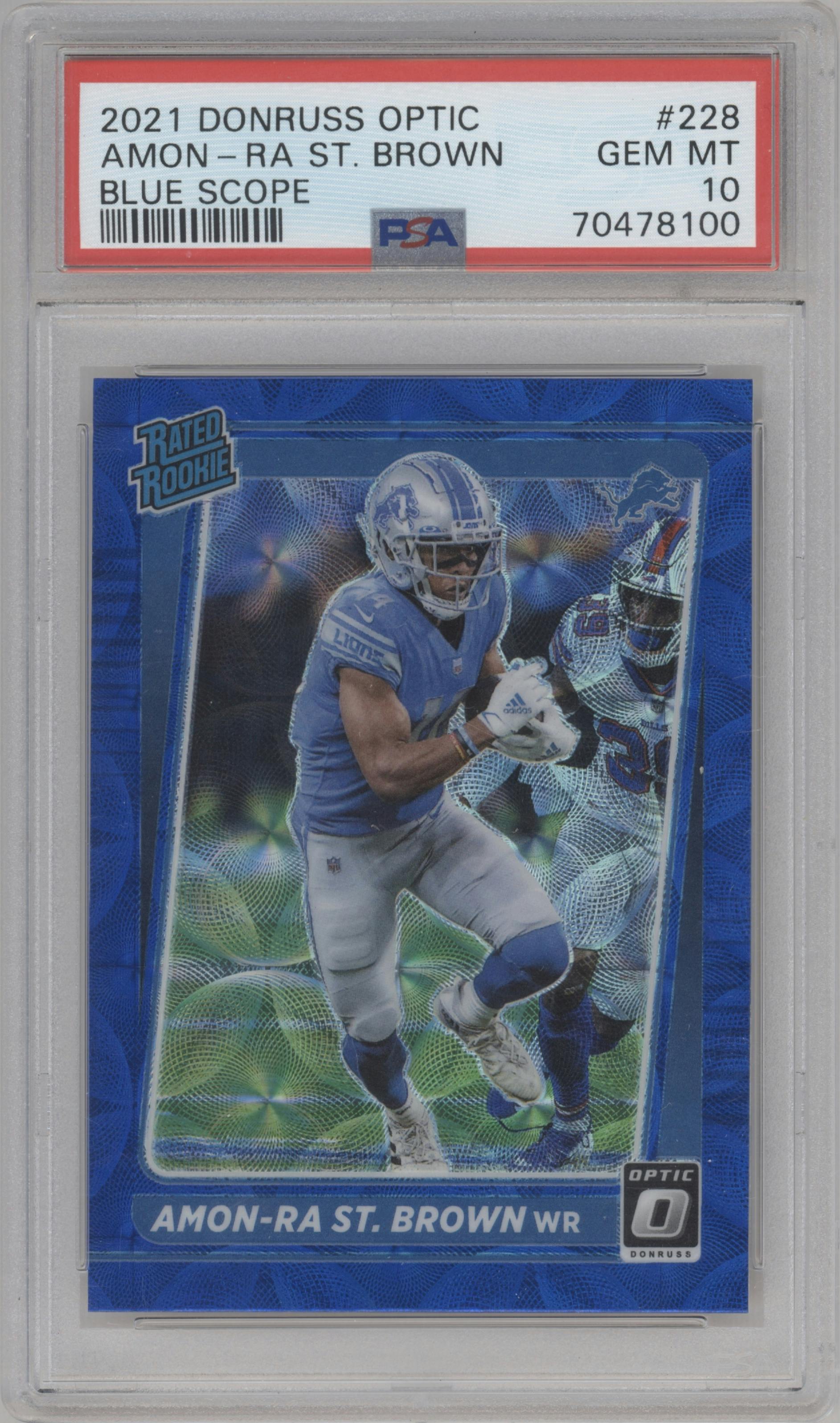 Amon-Ra St. Brown from the 2021 Panini Donruss Optic set featuring a Blue Scope parallel graded by PSA and given an overall grade of 10.