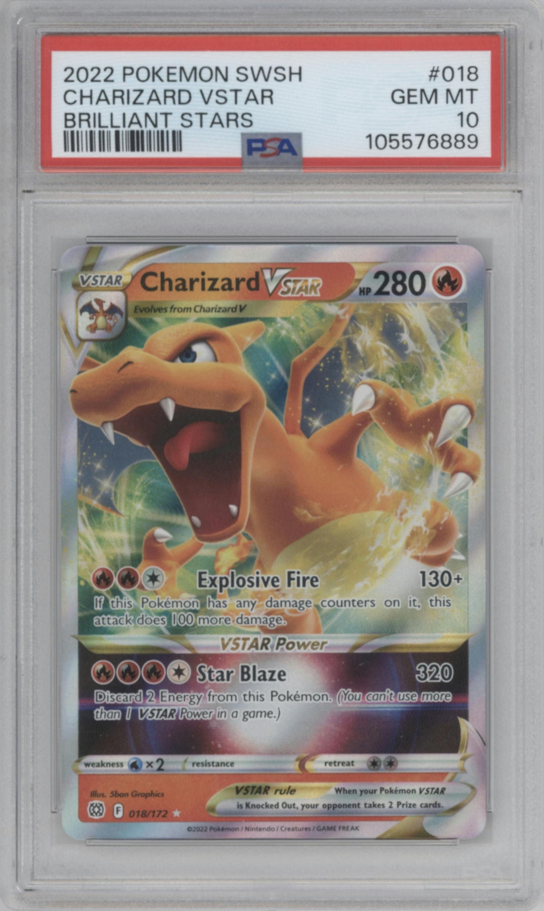 Charizard VSTAR from the 2022 Pokemon SWSH set graded by PSA and given an overall grade of 10.