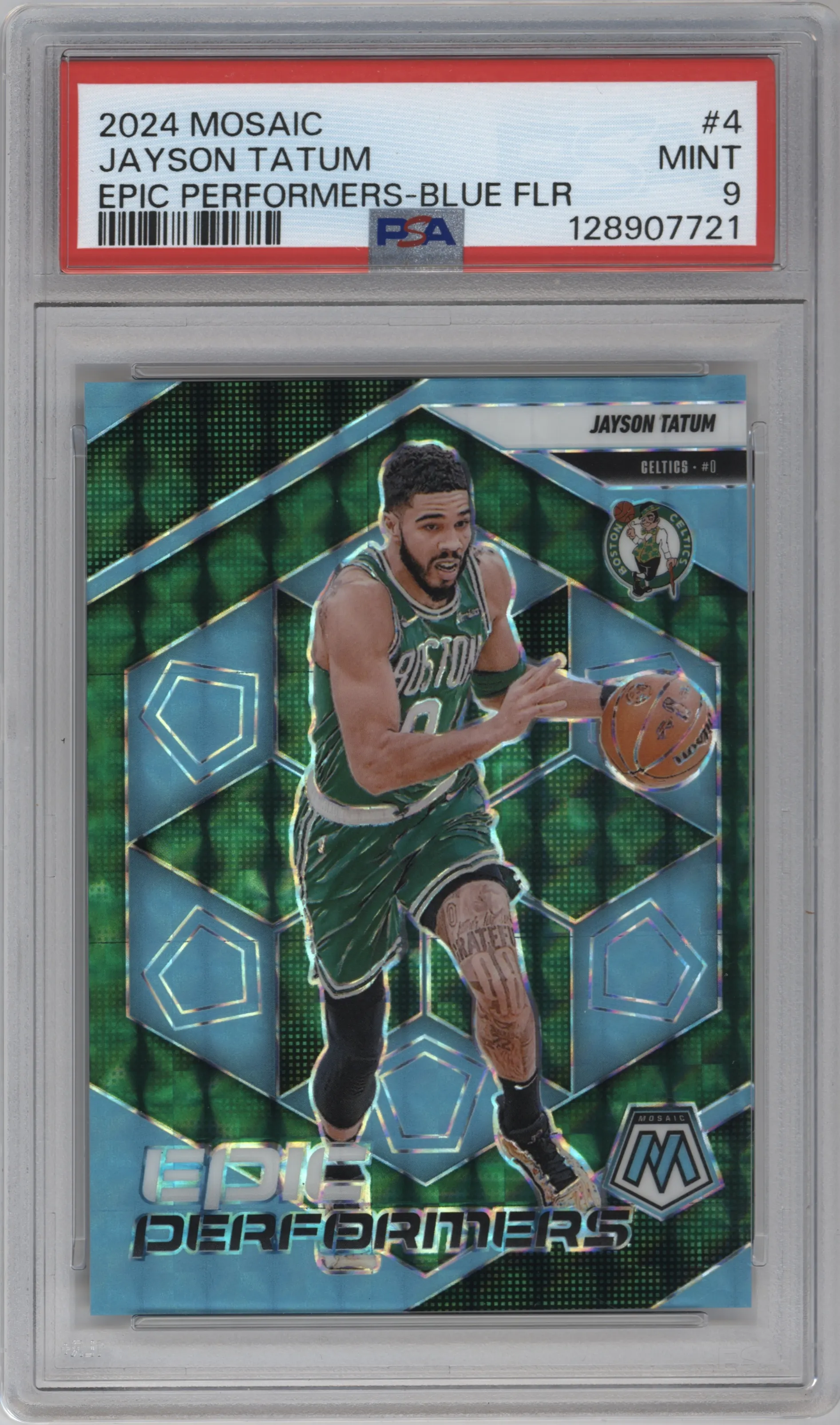 2024 Panini Mosaic Epic Performers Jayson Tatum Blue Fluorescent PSA 9