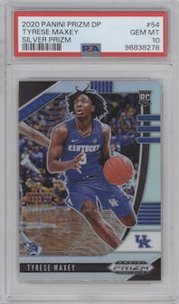 Tyrese Maxey from the 2020-21 Panini Prizm Draft Picks set featuring a Silver Prizm parallel graded by PSA and given an overall grade of 10.