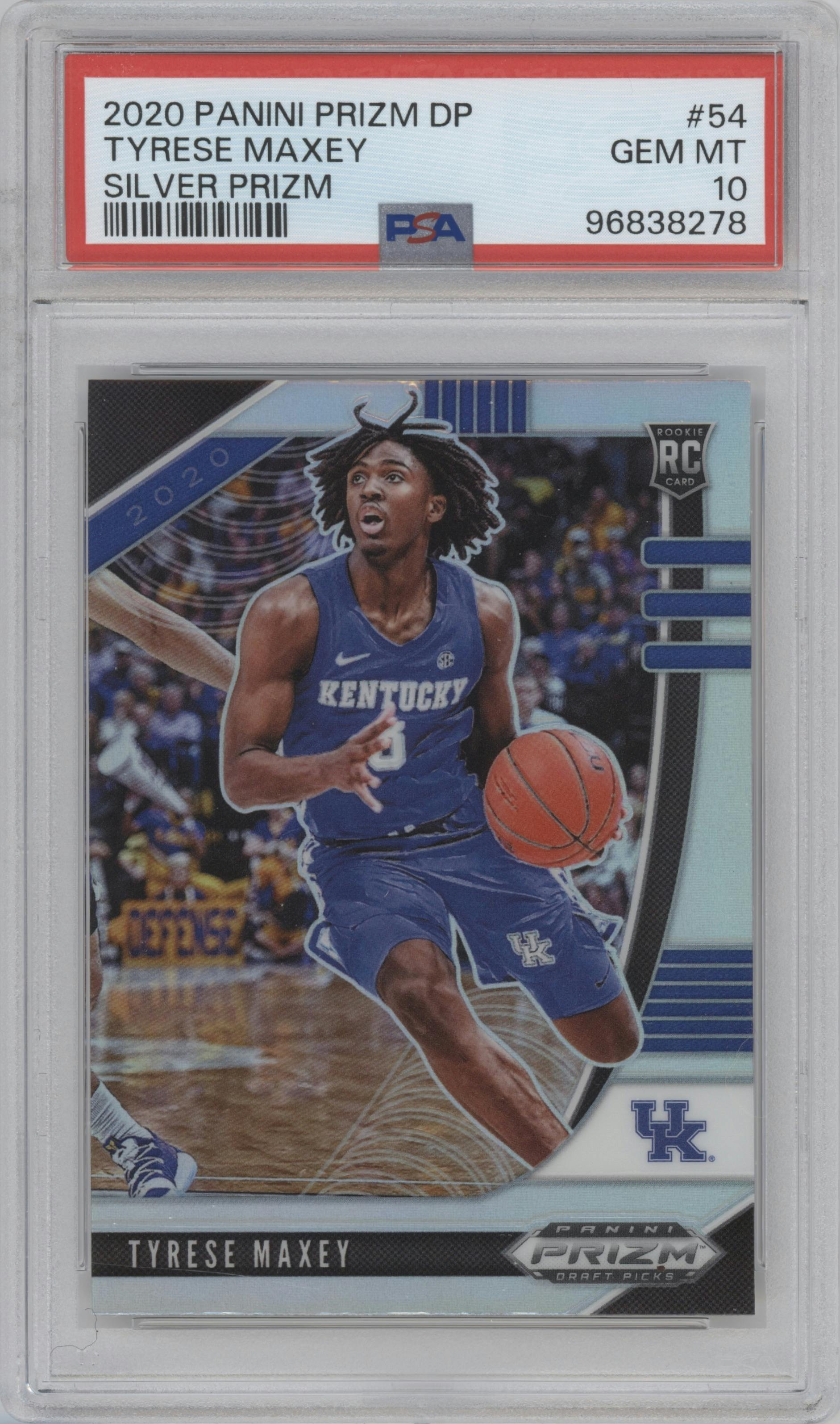 Tyrese Maxey from the 2020-21 Panini Prizm Draft Picks set featuring a Silver Prizm parallel graded by PSA and given an overall grade of 10.