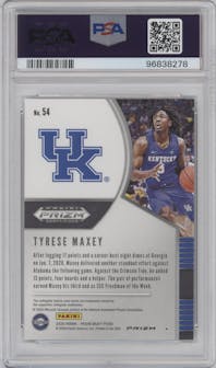 Tyrese Maxey from the 2020-21 Panini Prizm Draft Picks set featuring a Silver Prizm parallel graded by PSA and given an overall grade of 10.