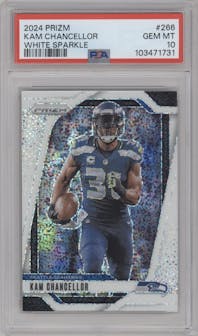 Kam Chancellor from the 2024 Panini Prizm set featuring a White Sparkle parallel graded by PSA and given an overall grade of 10.