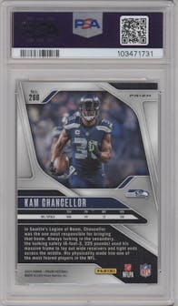 Kam Chancellor from the 2024 Panini Prizm set featuring a White Sparkle parallel graded by PSA and given an overall grade of 10.