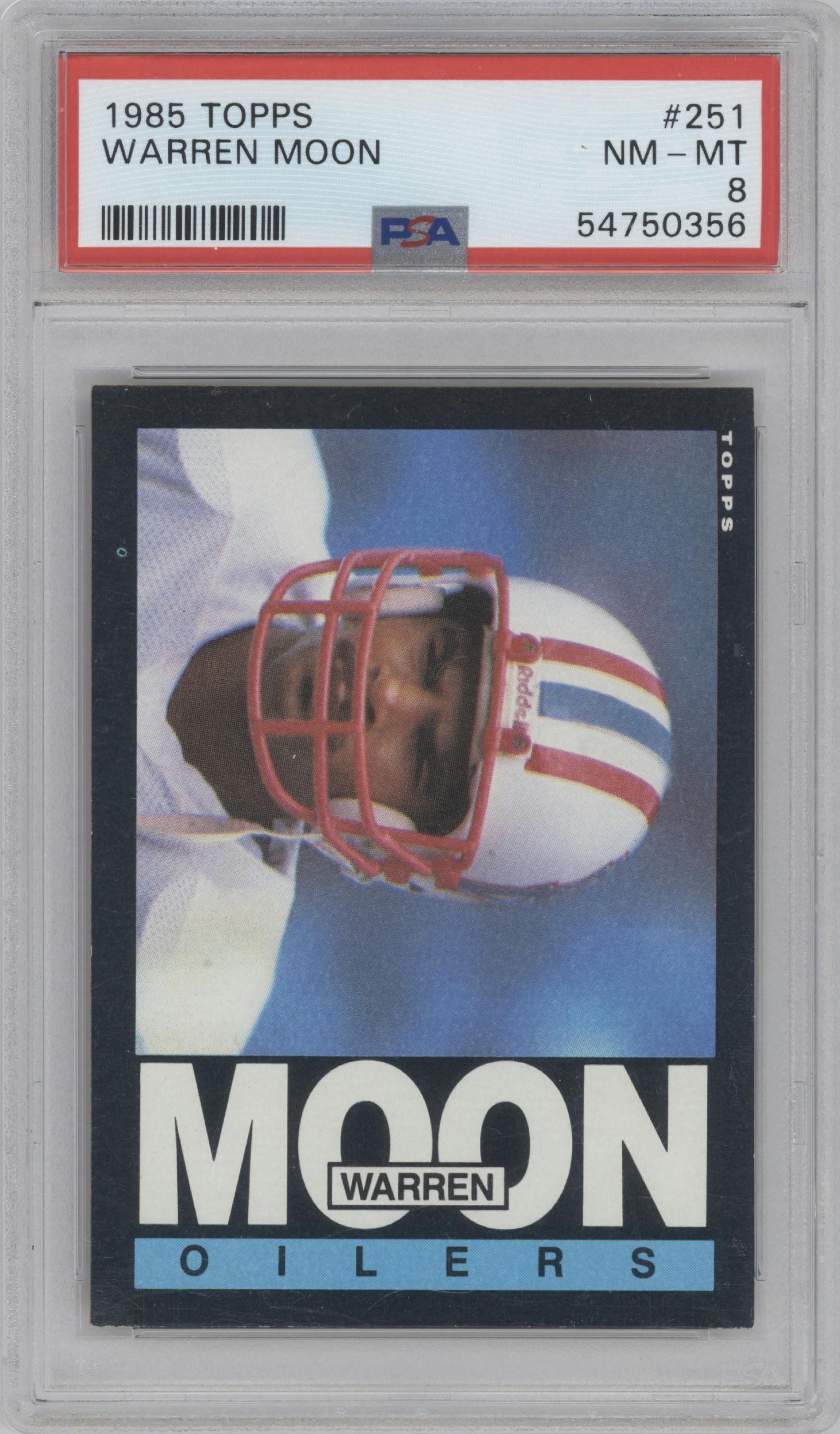 Warren Moon from the 1985 Topps set graded by PSA and given an overall grade of 8.