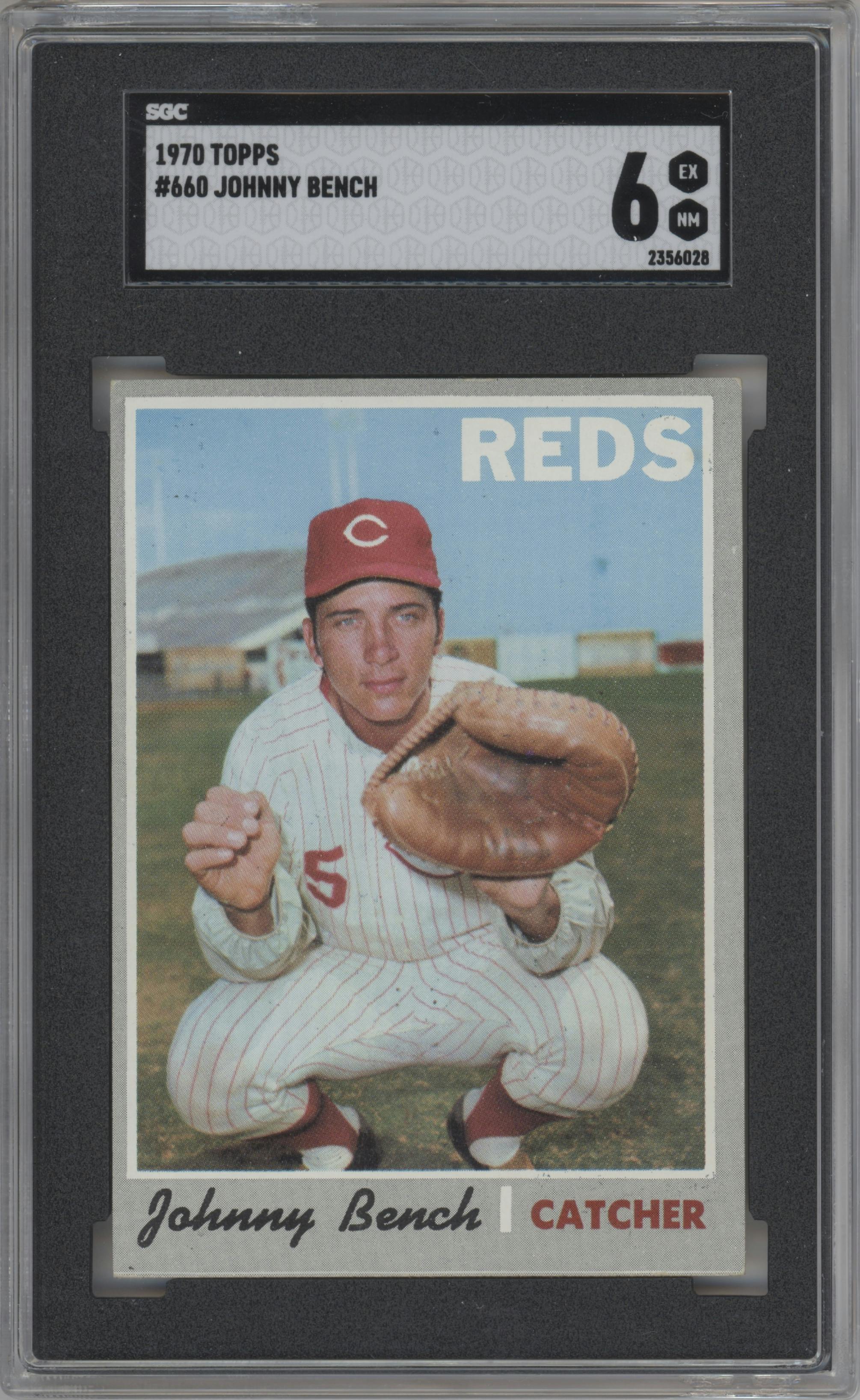 Johnny Bench from the 1970 Topps set graded by SGC and given an overall grade of 6.