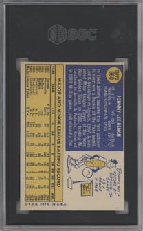 Johnny Bench from the 1970 Topps set graded by SGC and given an overall grade of 6.