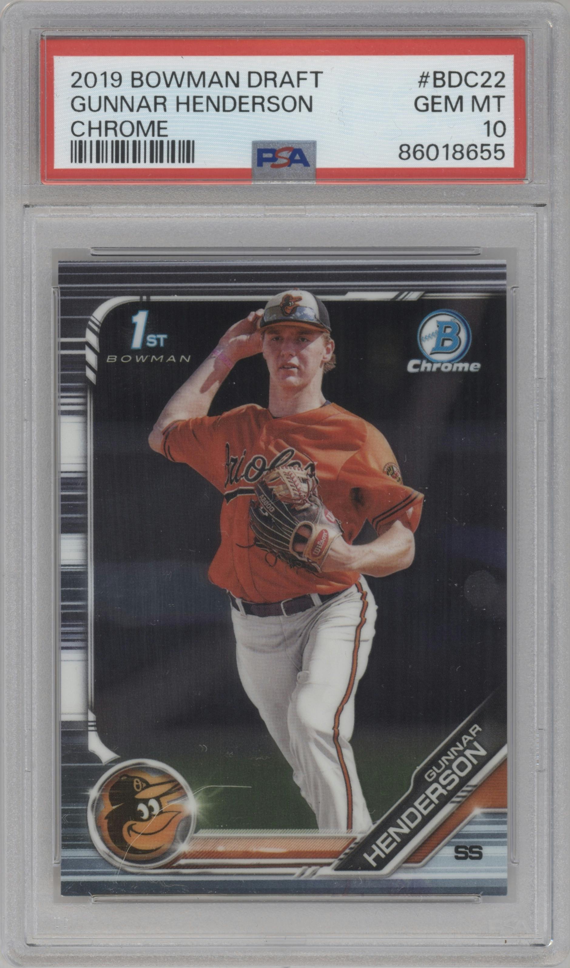 Gunnar Henderson from the 2019 Bowman Draft set graded by PSA and given an overall grade of 10.