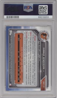 Gunnar Henderson from the 2019 Bowman Draft set graded by PSA and given an overall grade of 10.