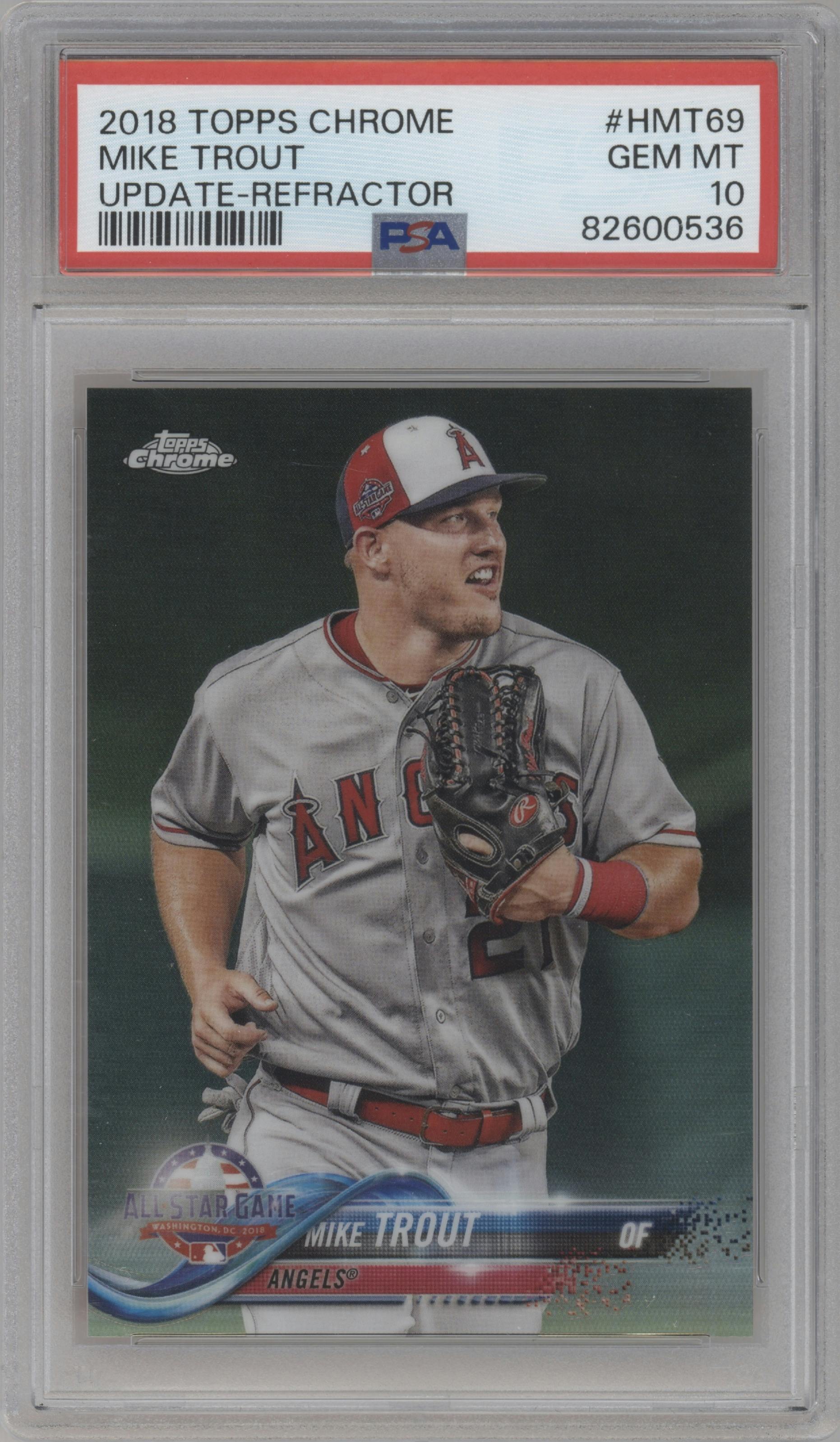 Mike Trout from the 2018 Topps Chrome Update  set featuring a Refractor parallel graded by PSA and given an overall grade of 10.