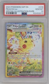 Pikachu ex from the 2024 Pokemon SV set graded by PSA and given an overall grade of 10.