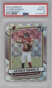 Jayden Daniels from the 2024 Donruss set graded by PSA and given an overall grade of 10.