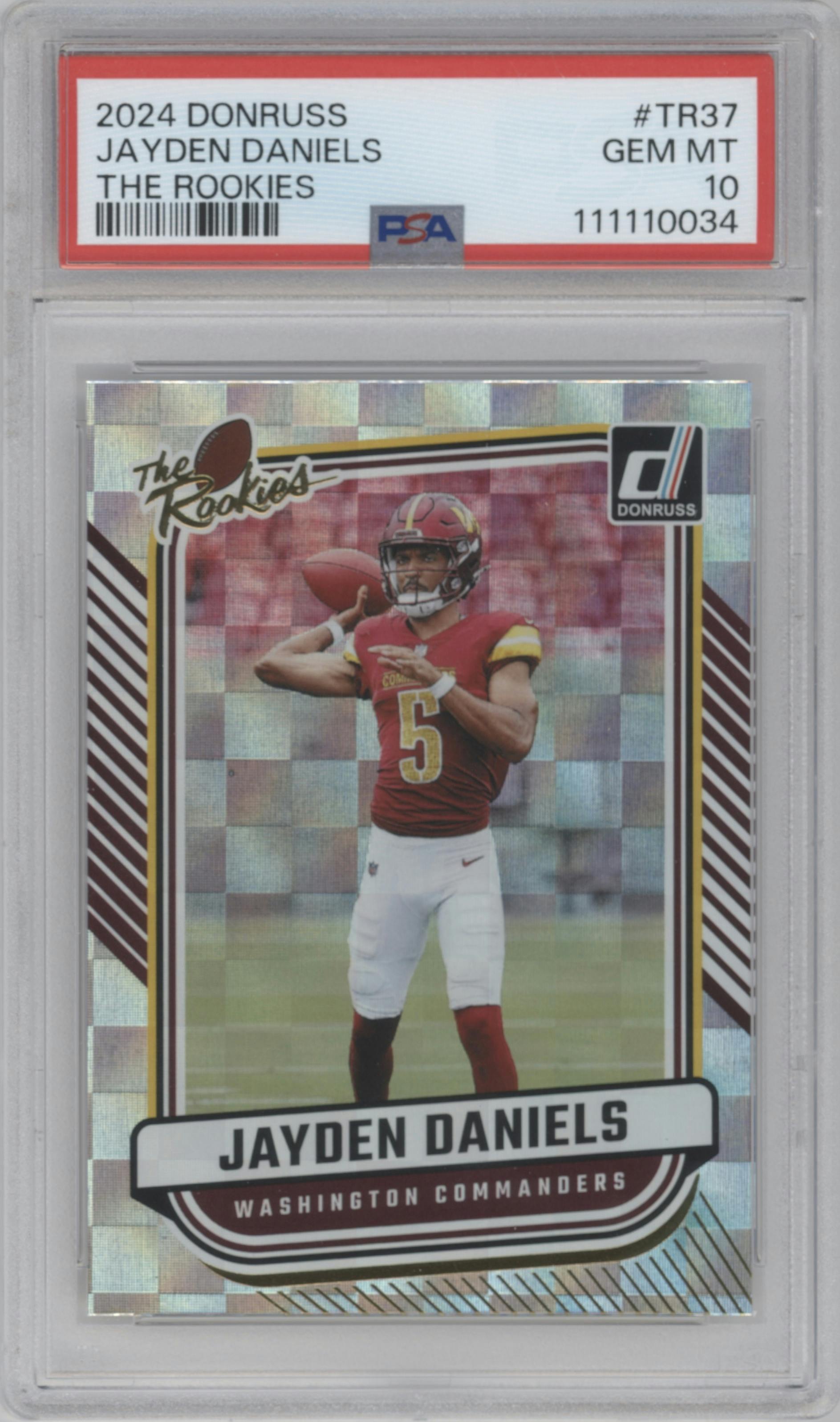 Jayden Daniels from the 2024 Donruss set graded by PSA and given an overall grade of 10.