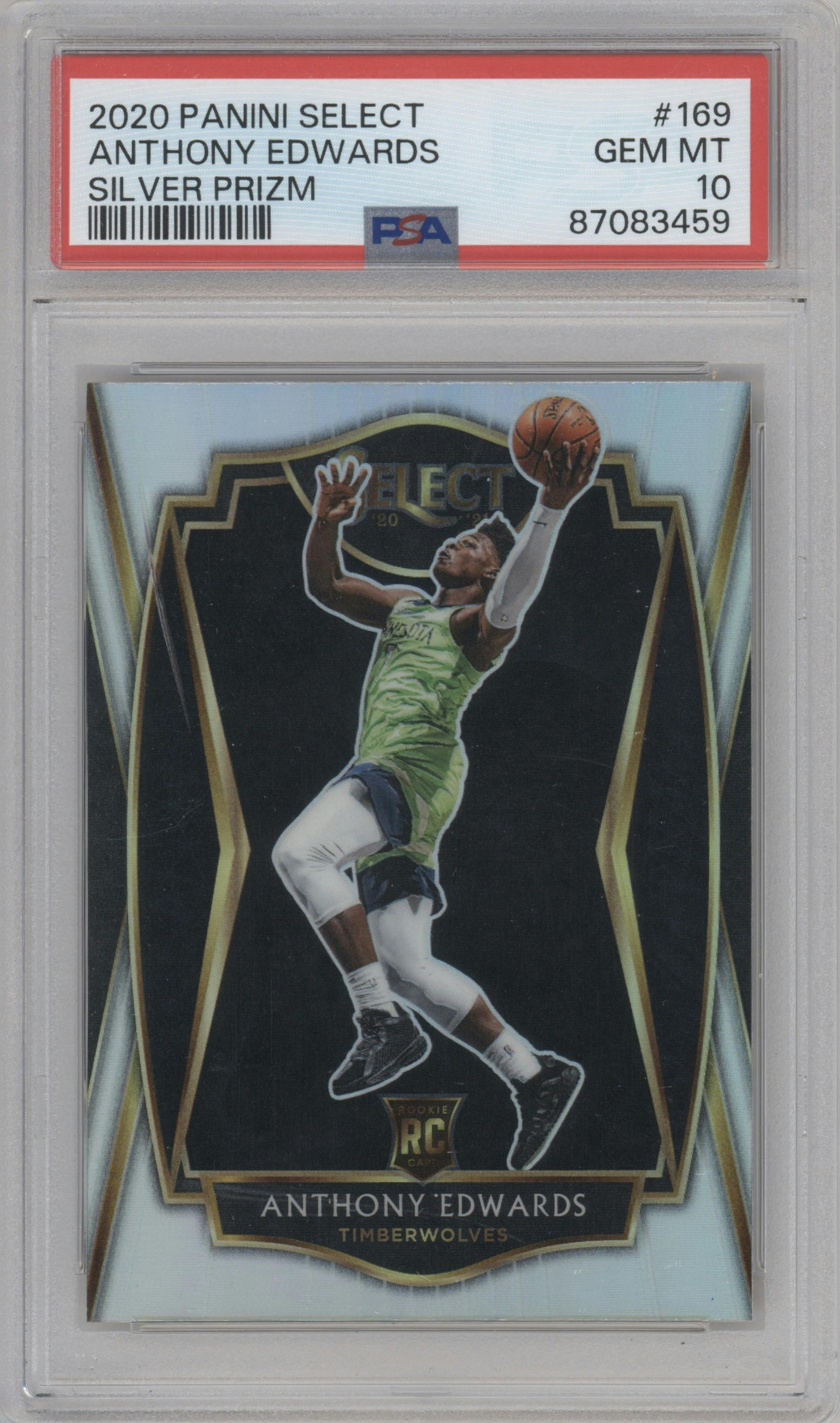 Anthony Edwards from the 2020-21 Panini Select  set featuring a Silver Prizm parallel graded by PSA and given an overall grade of 10.