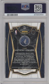 Anthony Edwards from the 2020-21 Panini Select  set featuring a Silver Prizm parallel graded by PSA and given an overall grade of 10.