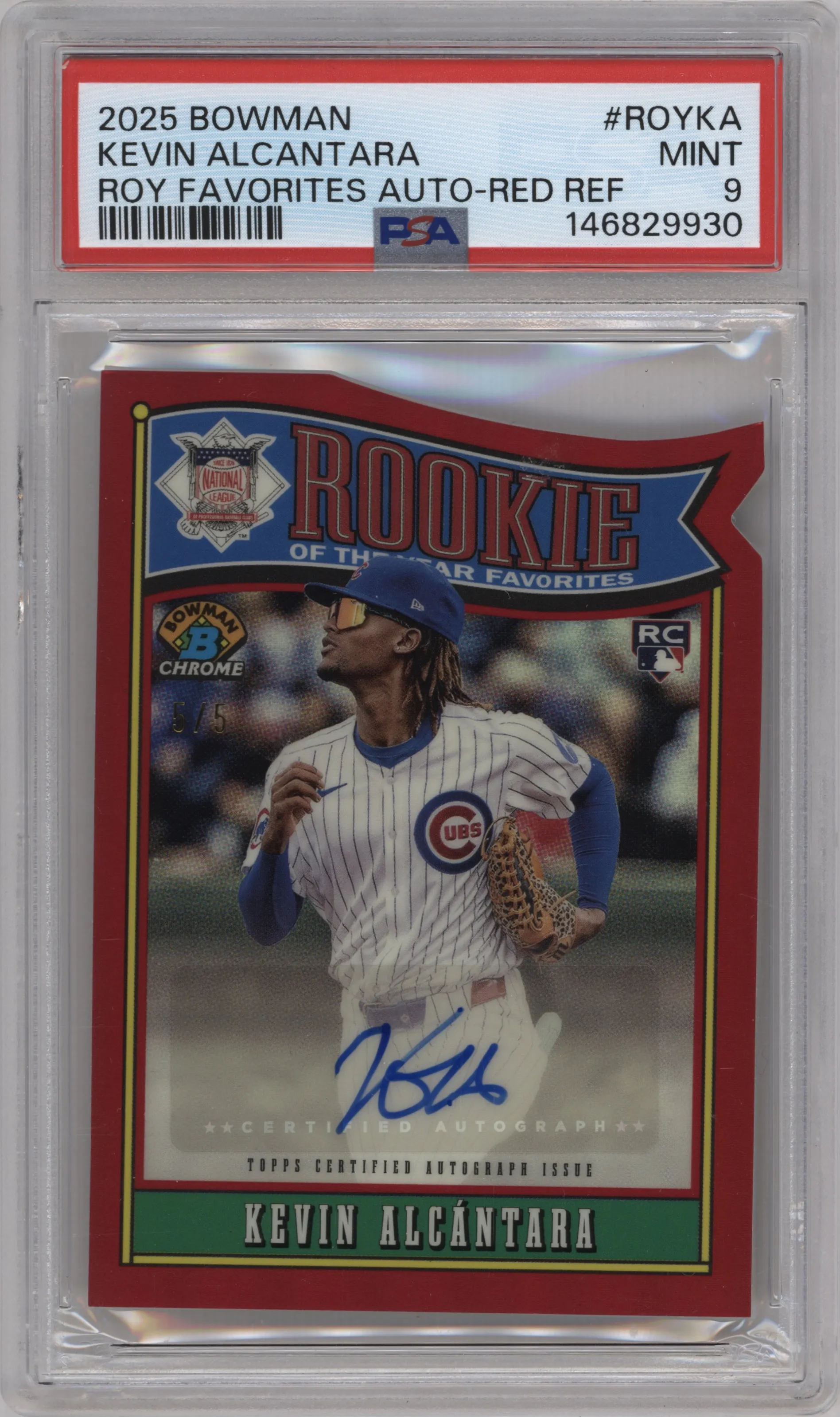 2025 Bowman ROTY Favorites Auto Kevin Alcantara Red Refractor PSA 9
