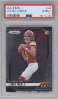 Jayden Daniels from the 2024 Panini Prizm set graded by PSA and given an overall grade of 10.