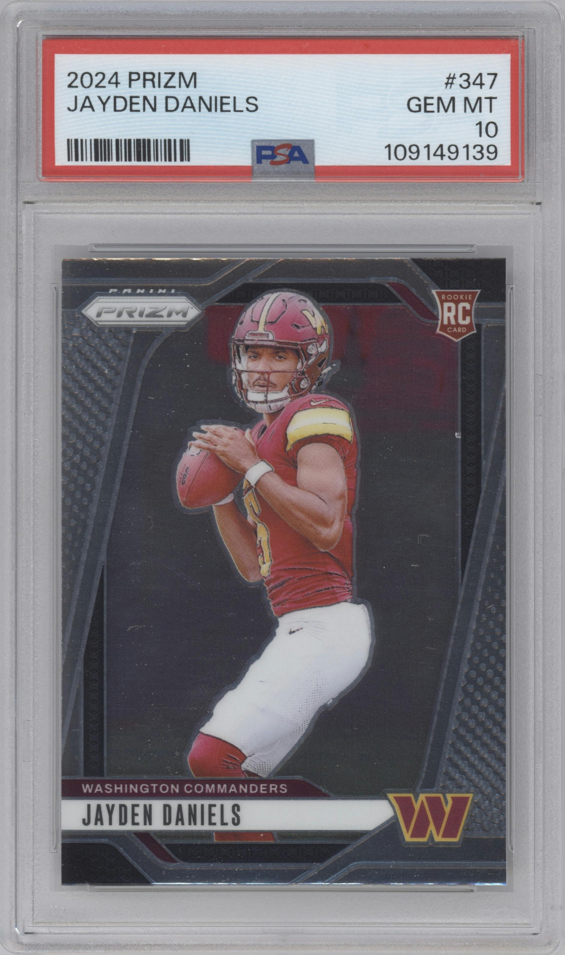 Jayden Daniels from the 2024 Panini Prizm set graded by PSA and given an overall grade of 10.
