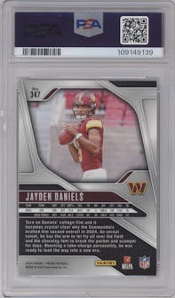 Jayden Daniels from the 2024 Panini Prizm set graded by PSA and given an overall grade of 10.