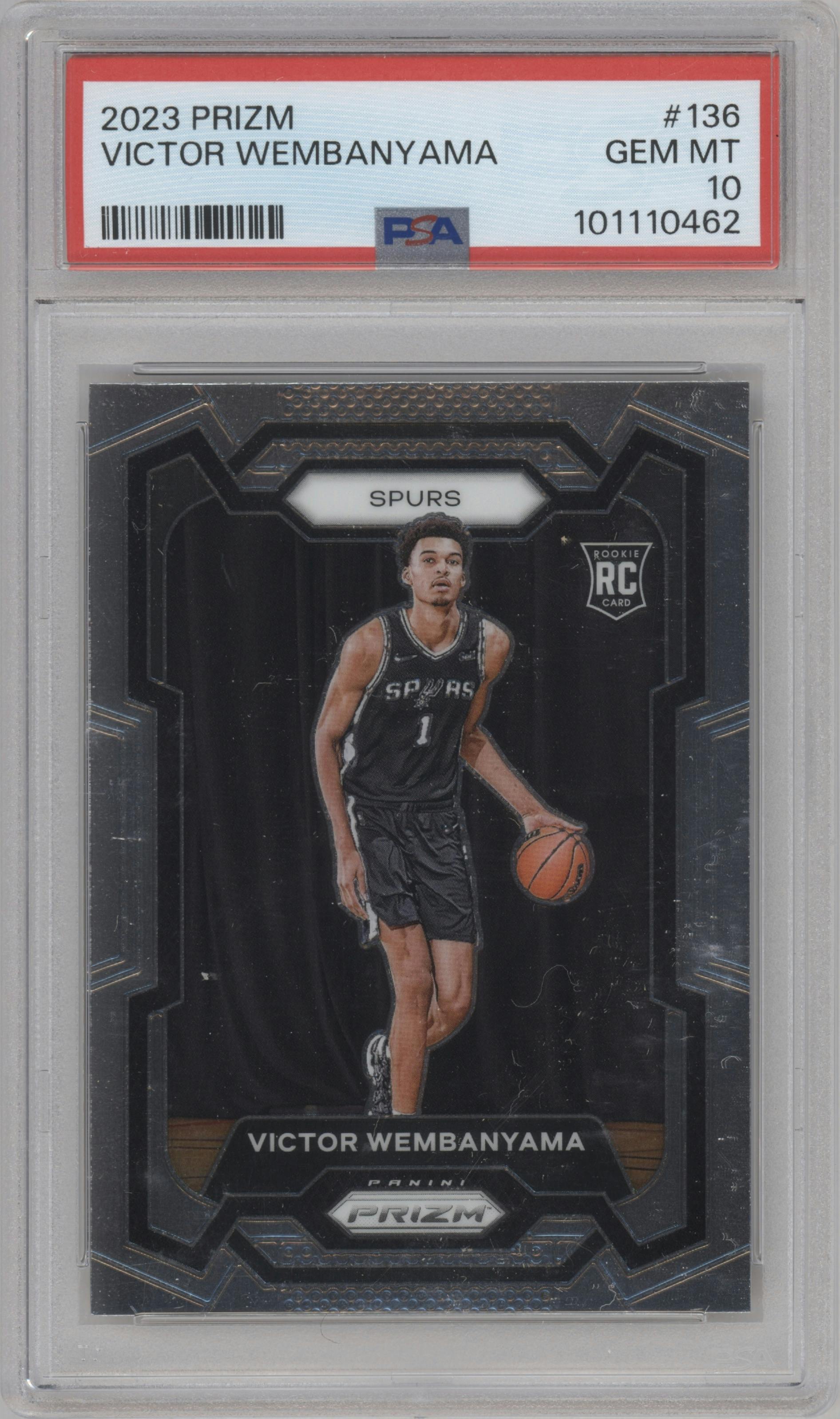 Victor Wembanyama from the 2023-24 Panini Prizm set graded by PSA and given an overall grade of 10.